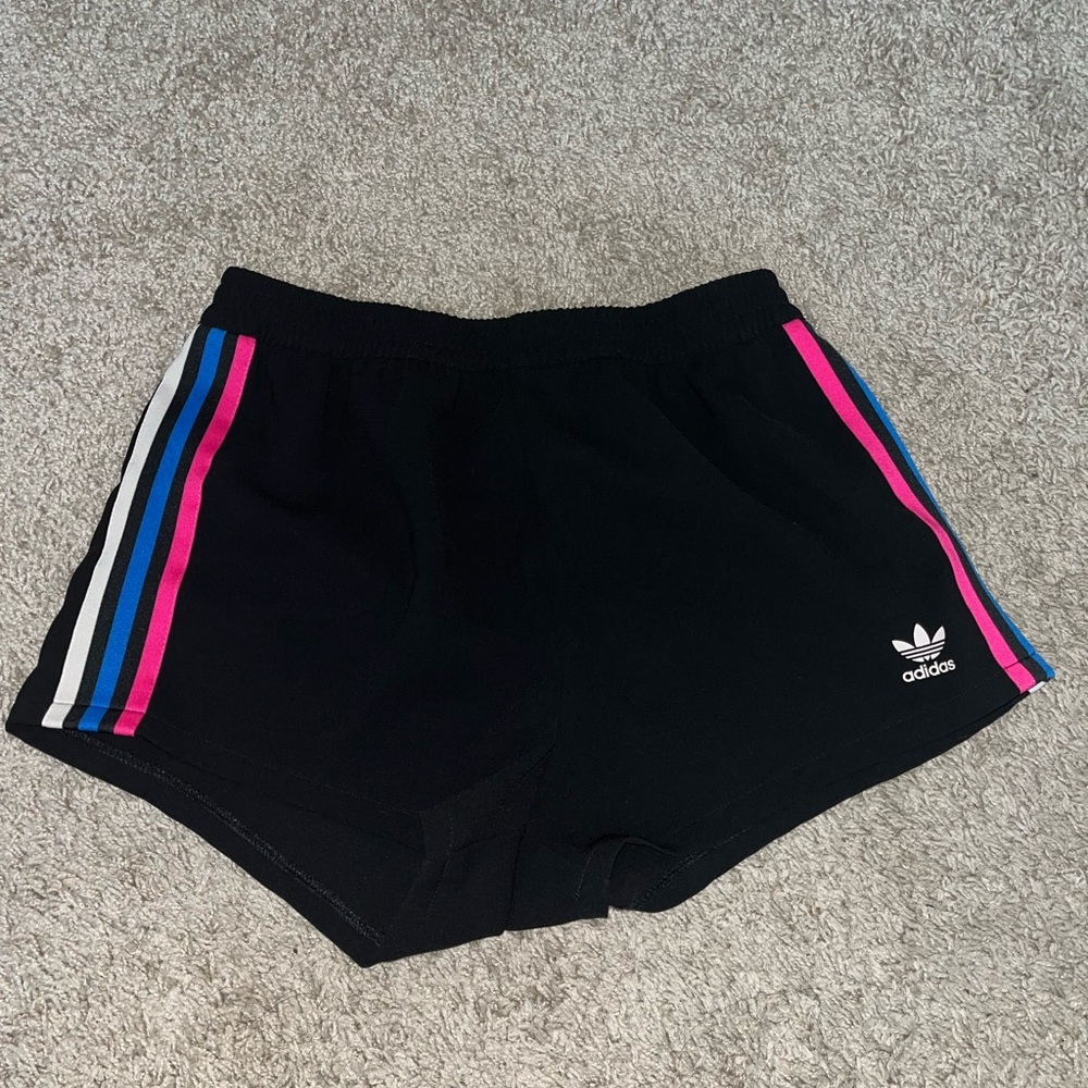 Adidas Women's Black Shorts with Pink and Blue Stripes